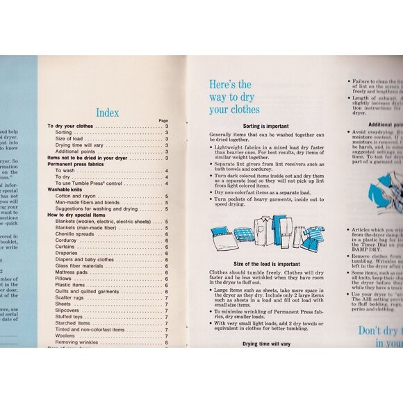 1974 Whirlpool Dryer Owner Booklet | Illustrated Fabric Guide Manual - Picture 2 of 7